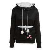 Women's Hooded Cat Ears Sweatshirt with Cat Pouch - Black & Grey